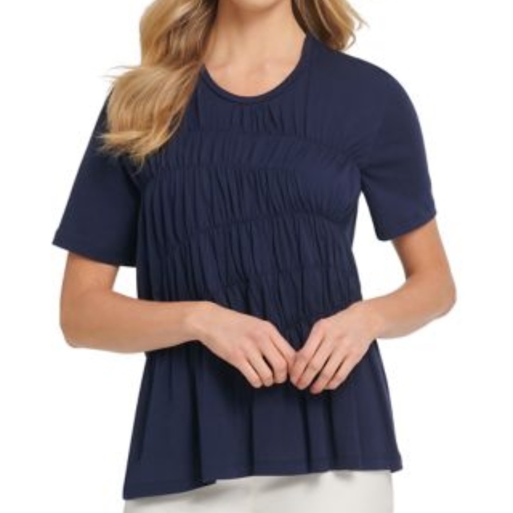 NWT DKNY NAVY Short Sleeve Front Ruched Top